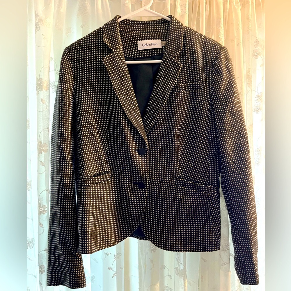 Calvin Klein Women's Black and Tan/Gold Checkered Blazer Size 10